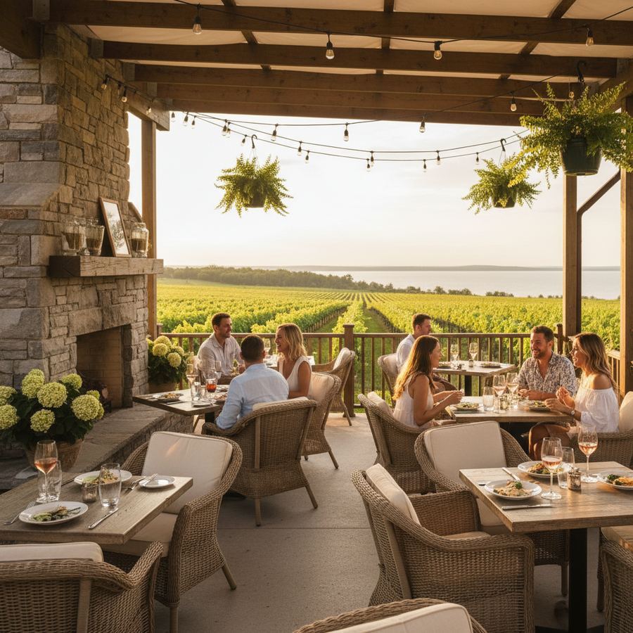 Diners on an outdoor patio at a county restaurant on a warm summer evening