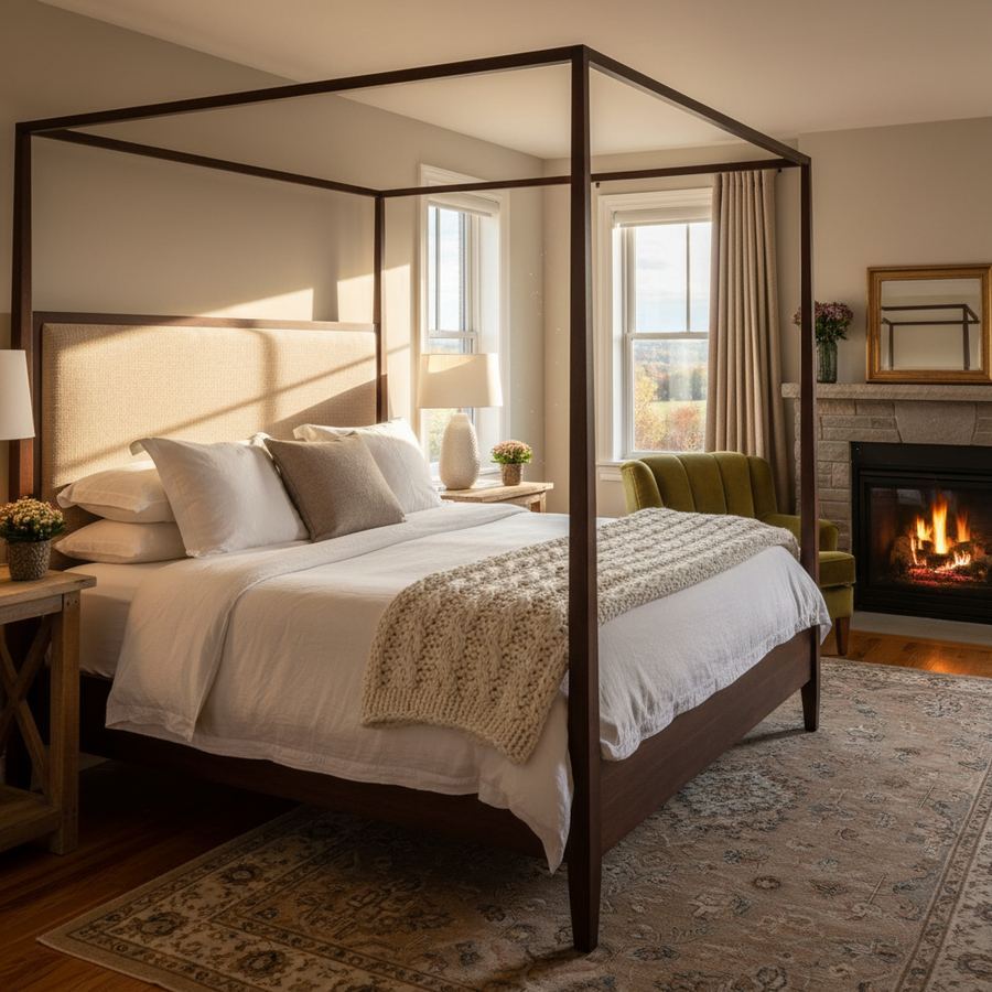 Cozy bedroom in a boutique inn in Picton with linen bedding