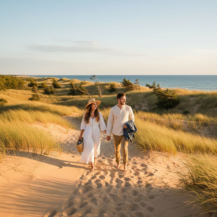 Sandy dunes and clear blue water at Sandbanks Provincial Park in Prince Edward County