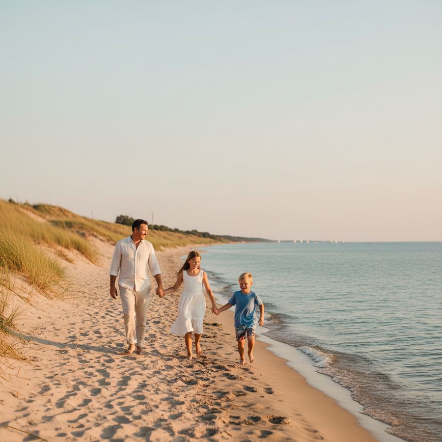 A family walking along the sandy beach at Sandbanks Provincial Park