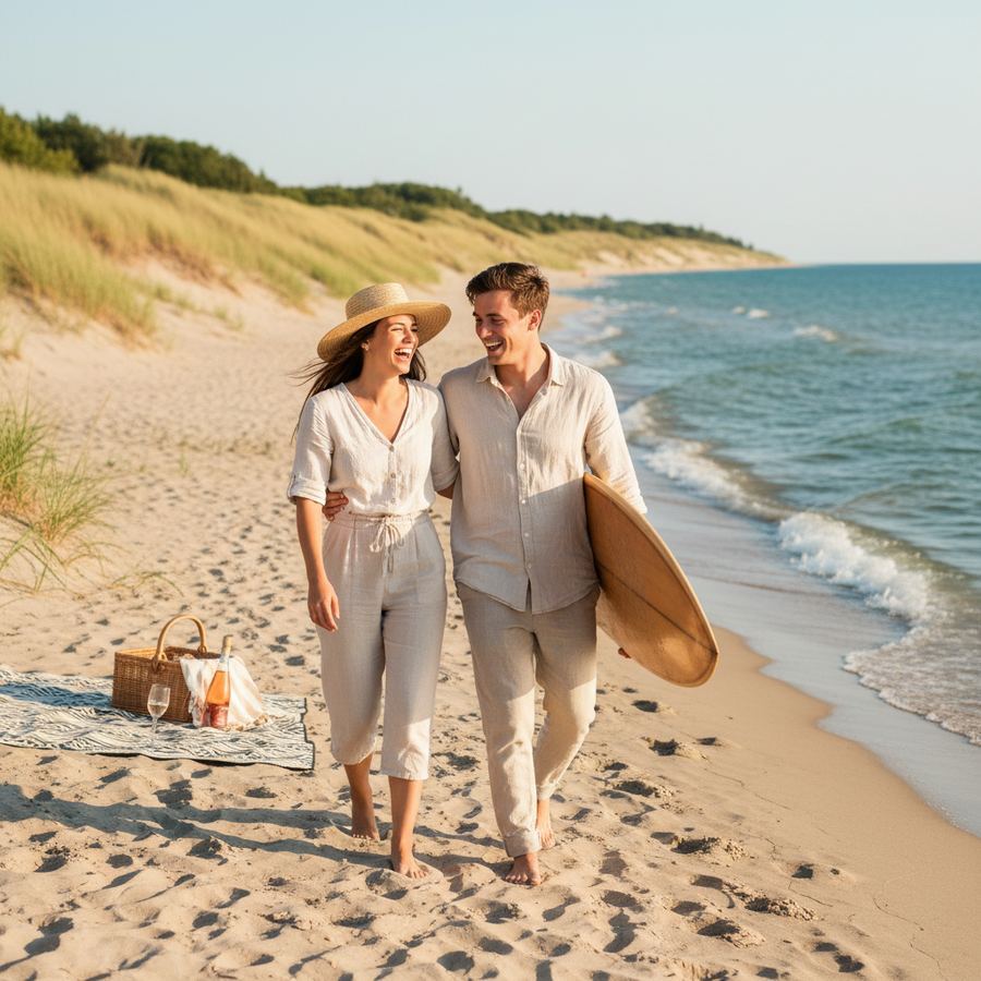 Bright blue water and white sand at Sandbanks Provincial Park in summer