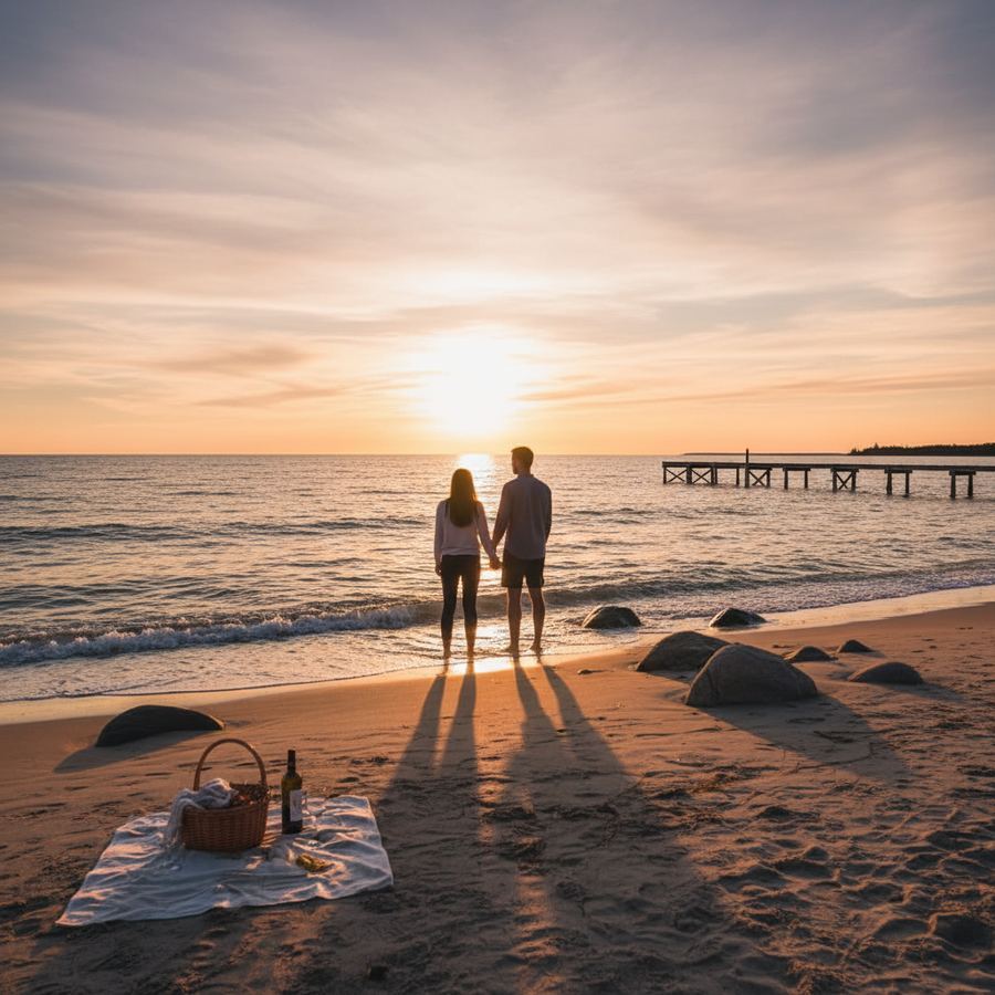 Sunset over the south shore of Prince Edward County with waves breaking on the beach