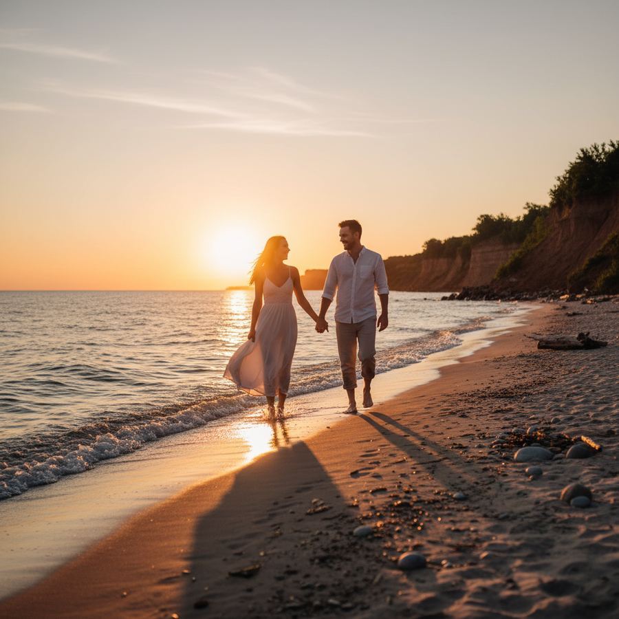 Couple walking along the shore at sunset in Prince Edward County
