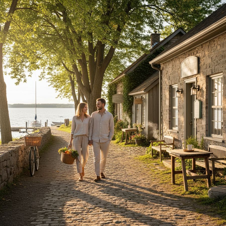 Morning light on the main street of Picton with storefronts and a cafe patio