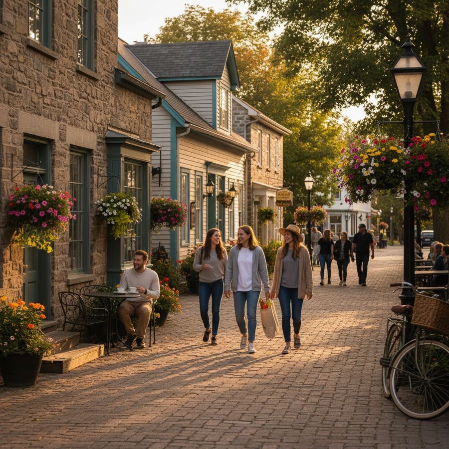 A quiet village street with heritage homes in Prince Edward County