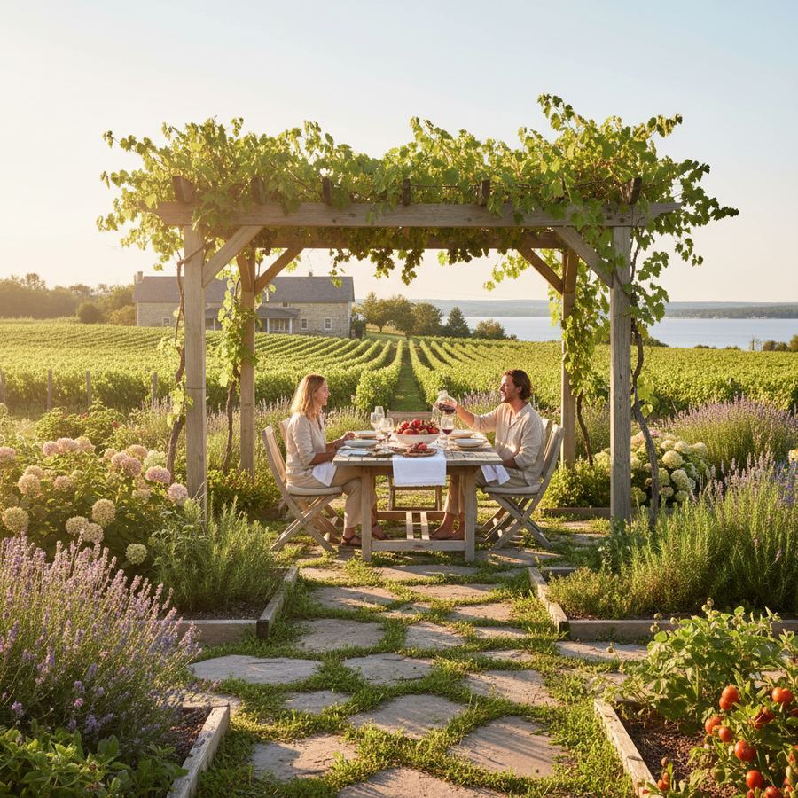 Stone guesthouse surrounded by vineyard rows in Hillier