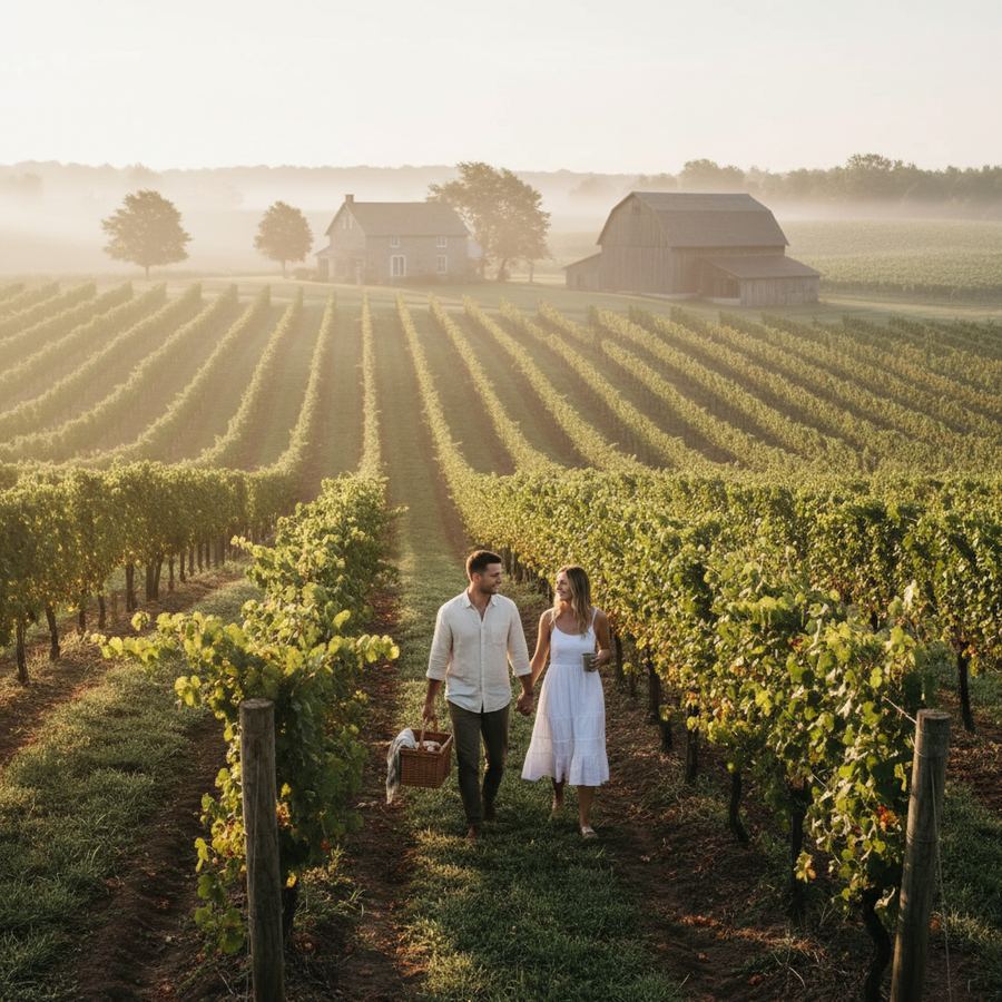 Morning light over a vineyard in Hillier, Prince Edward County