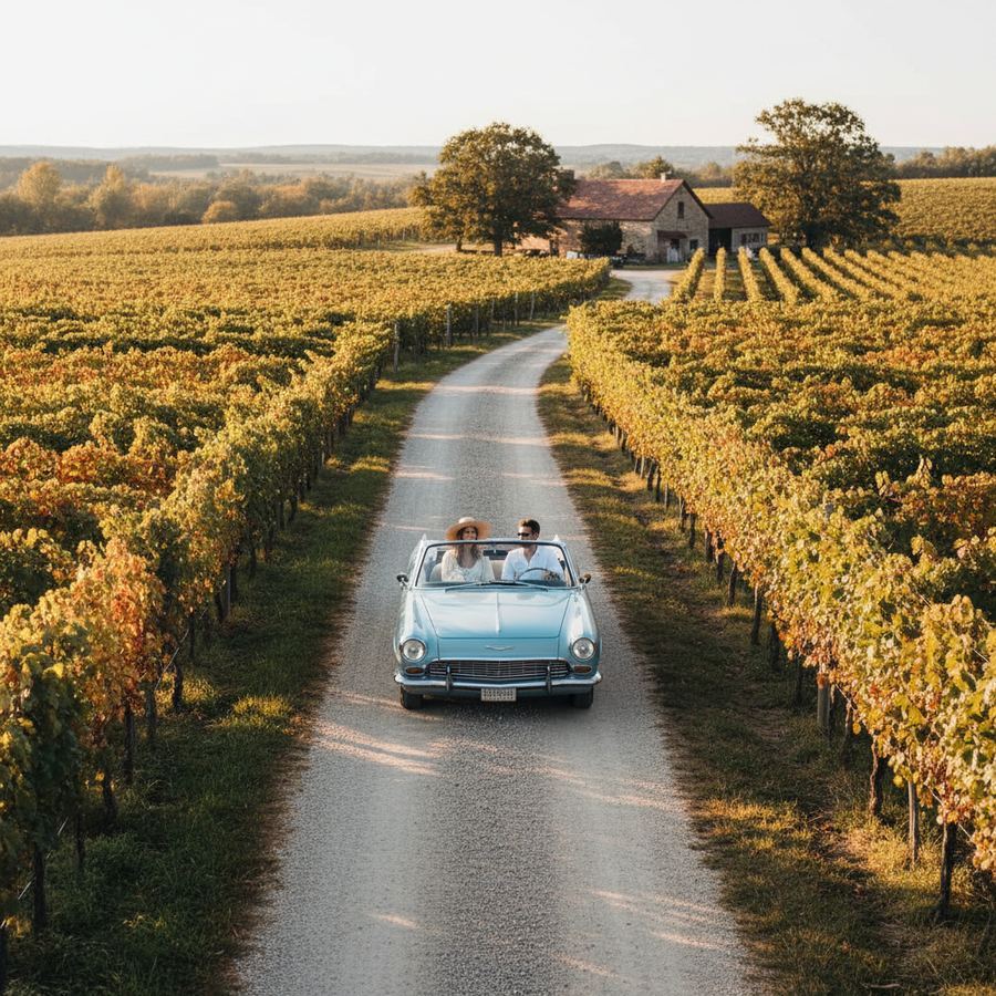 A quiet county road winding past vineyards near Wellington