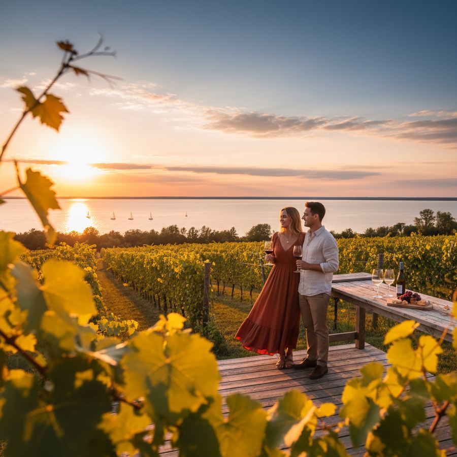 Vineyard rows overlooking Lake Ontario at sunset in Prince Edward County