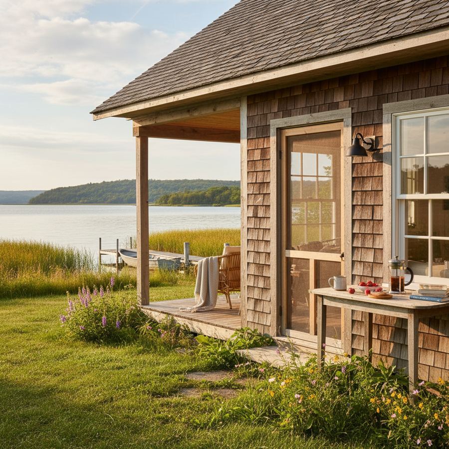 Waterfront cottage on the shore of Prince Edward County at sunrise