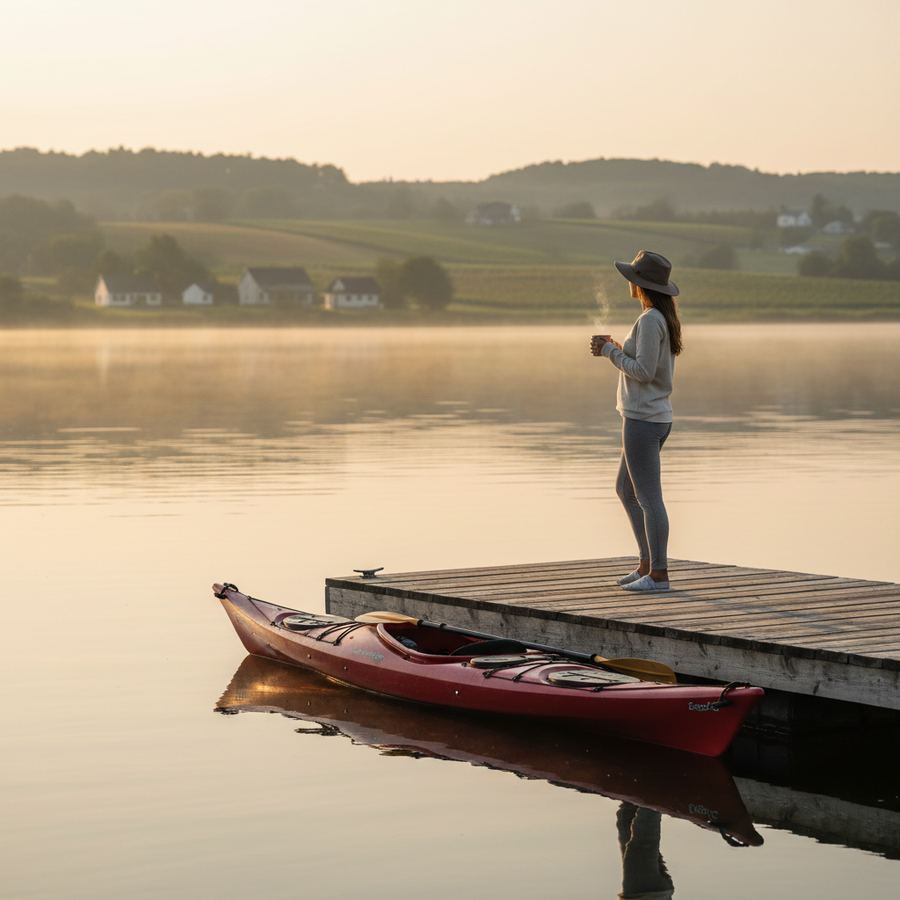 Kayak on a dock at a Prince Edward County lakefront property on a calm morning