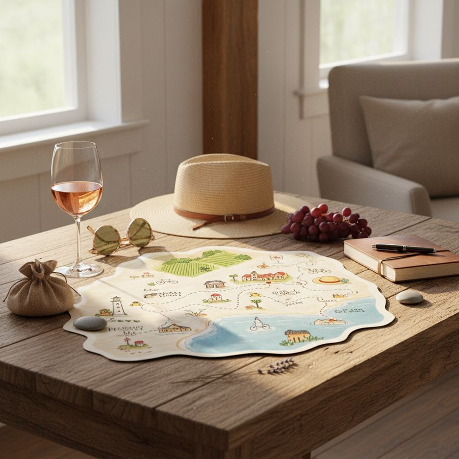 Map and coffee on a table planning a weekend trip to Prince Edward County