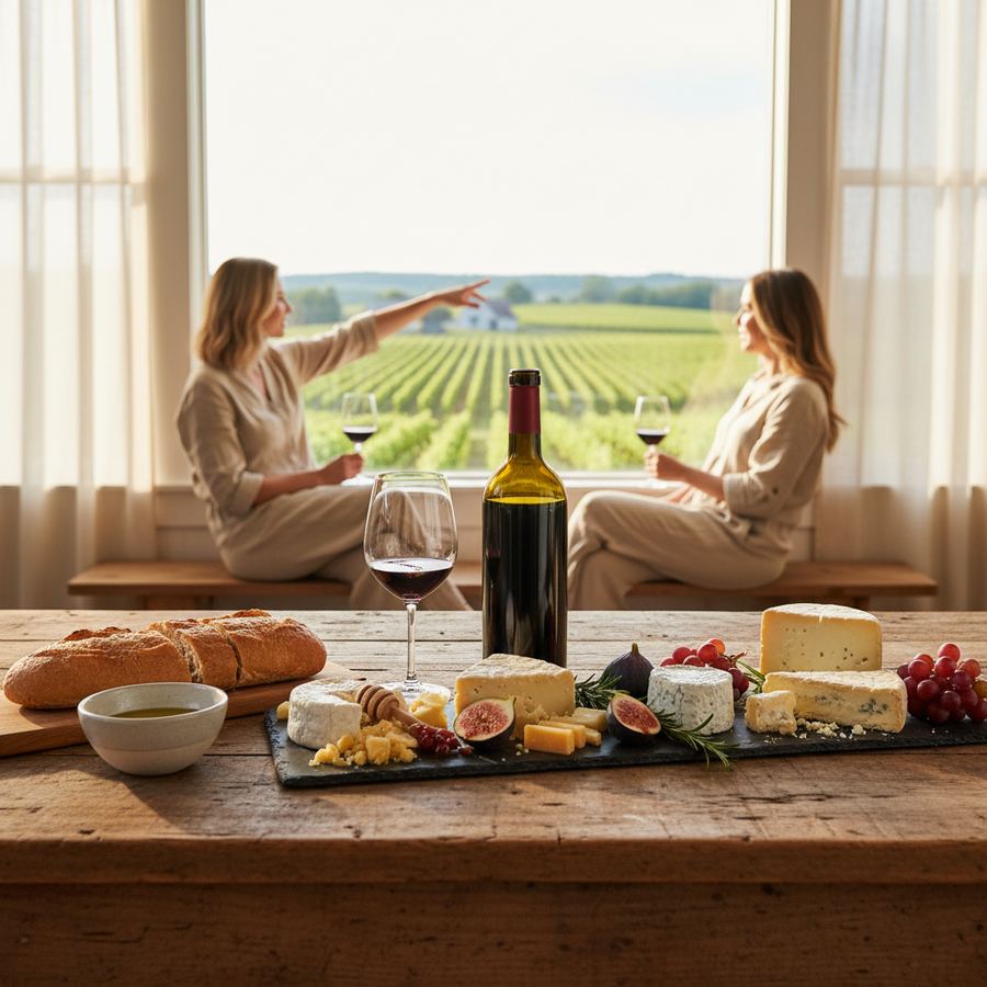 A glass of red wine paired with local cheese at a Prince Edward County winery