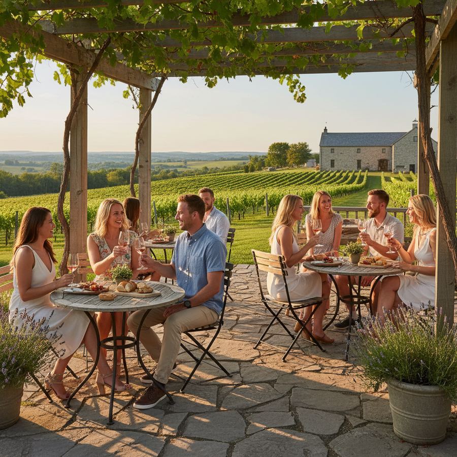 People enjoying wine on a sunny patio at a Prince Edward County winery