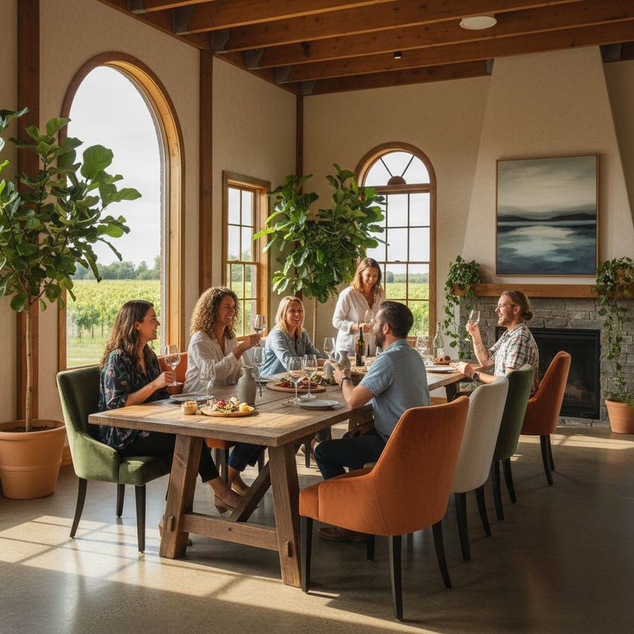 Wine tasting at a Prince Edward County winery with vineyard views