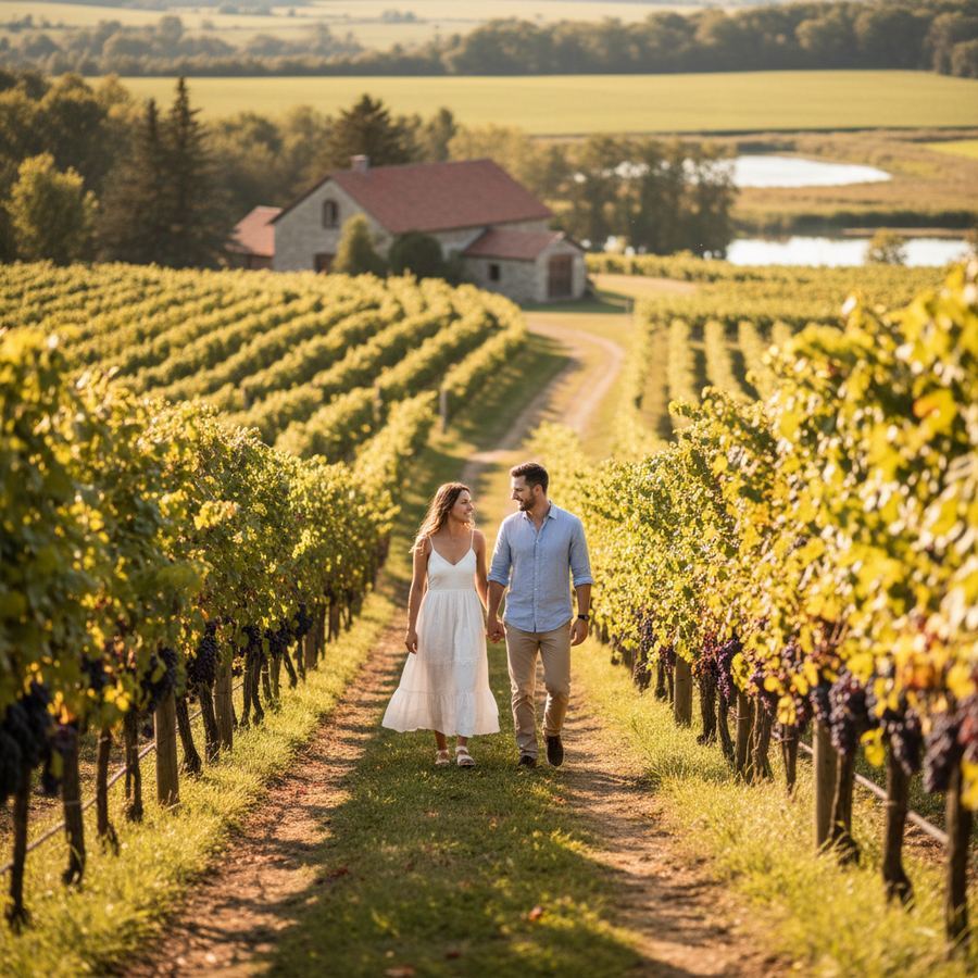 Rows of grapevines stretching toward the horizon at a Prince Edward County winery