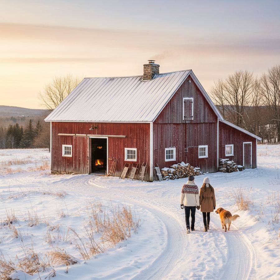 A red barn surrounded by snow-covered fields in Prince Edward County