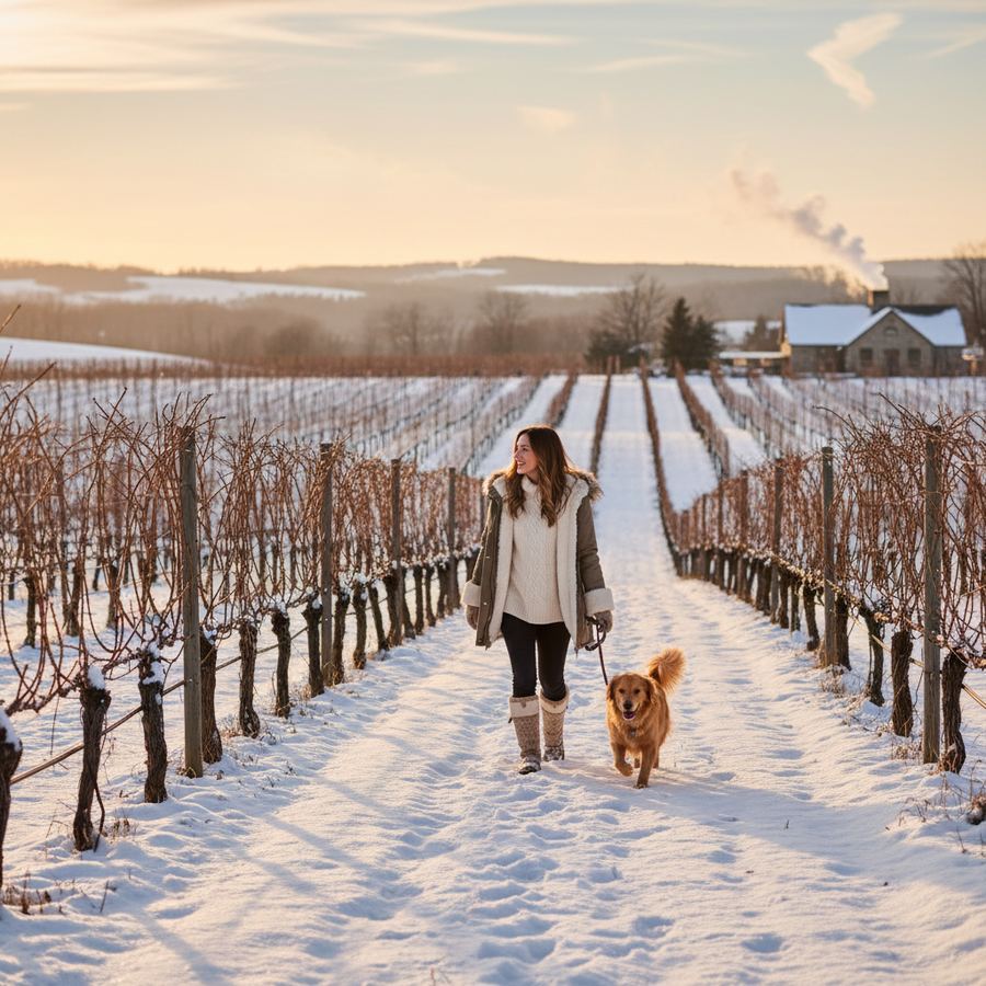 Snow-covered vineyard rows in Prince Edward County during winter