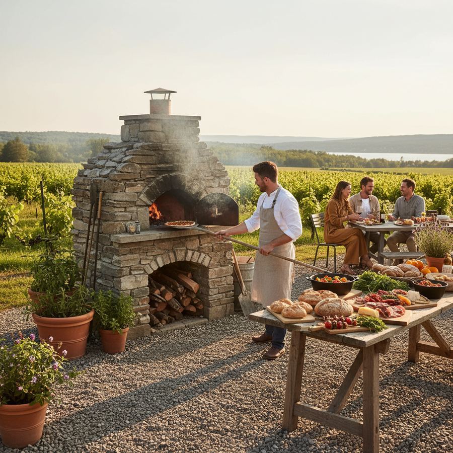 Wood-fired pizza and glasses of wine on a table at a county winery