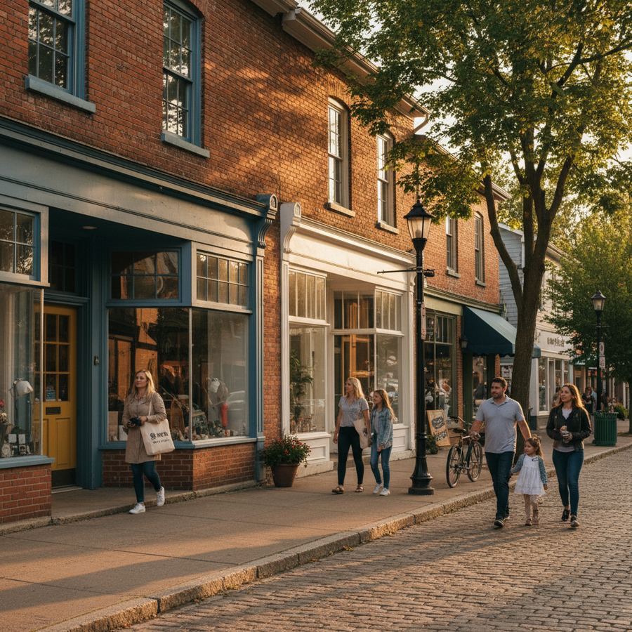 Main Street in Picton with colourful storefronts and trees