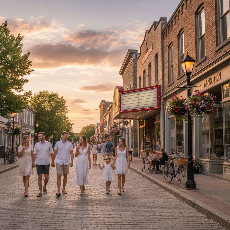 Main Street in Picton during a summer evening with people walking between shops