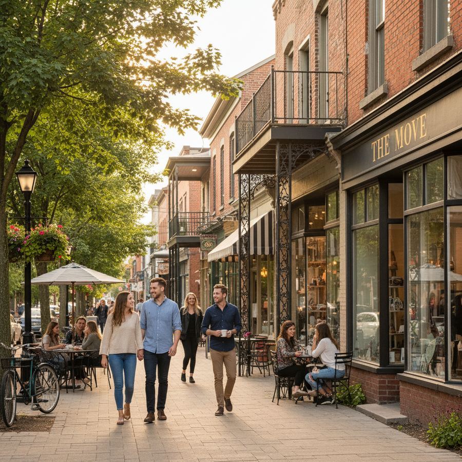 Main Street in Picton with colourful storefronts and a clear blue sky