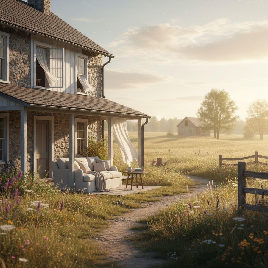 A peaceful farmhouse on a rural road surrounded by fields in Prince Edward County