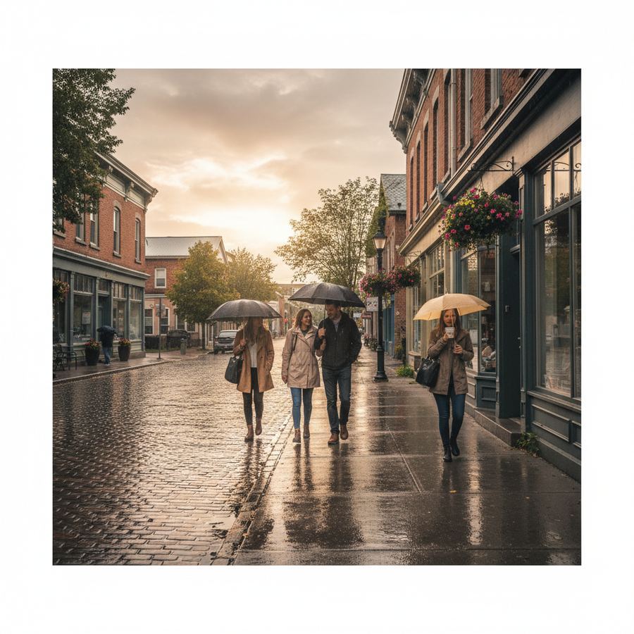 Rain-slicked Main Street in Picton with shop lights glowing through wet windows