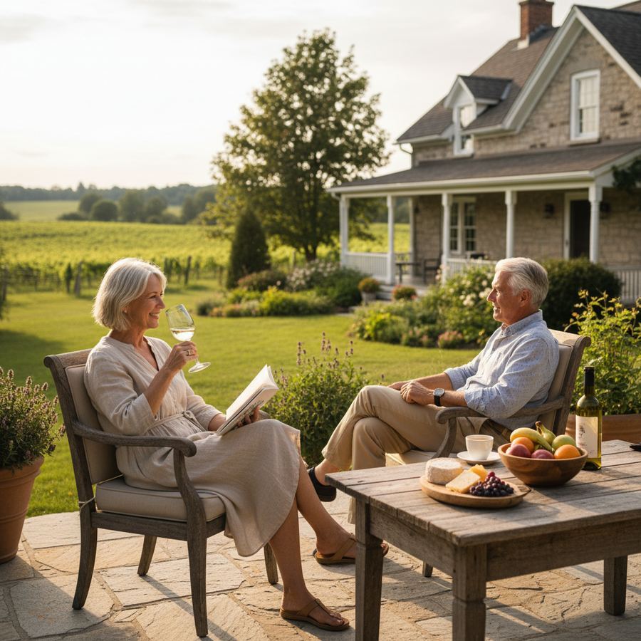 A couple walking along a quiet lakeside path near Wellington in Prince Edward County
