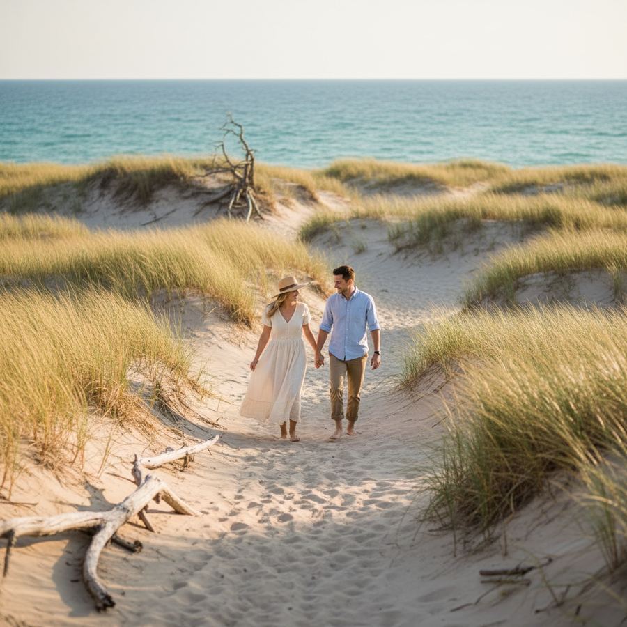 A wooden boardwalk trail winding through the sand dunes at Sandbanks Provincial Park