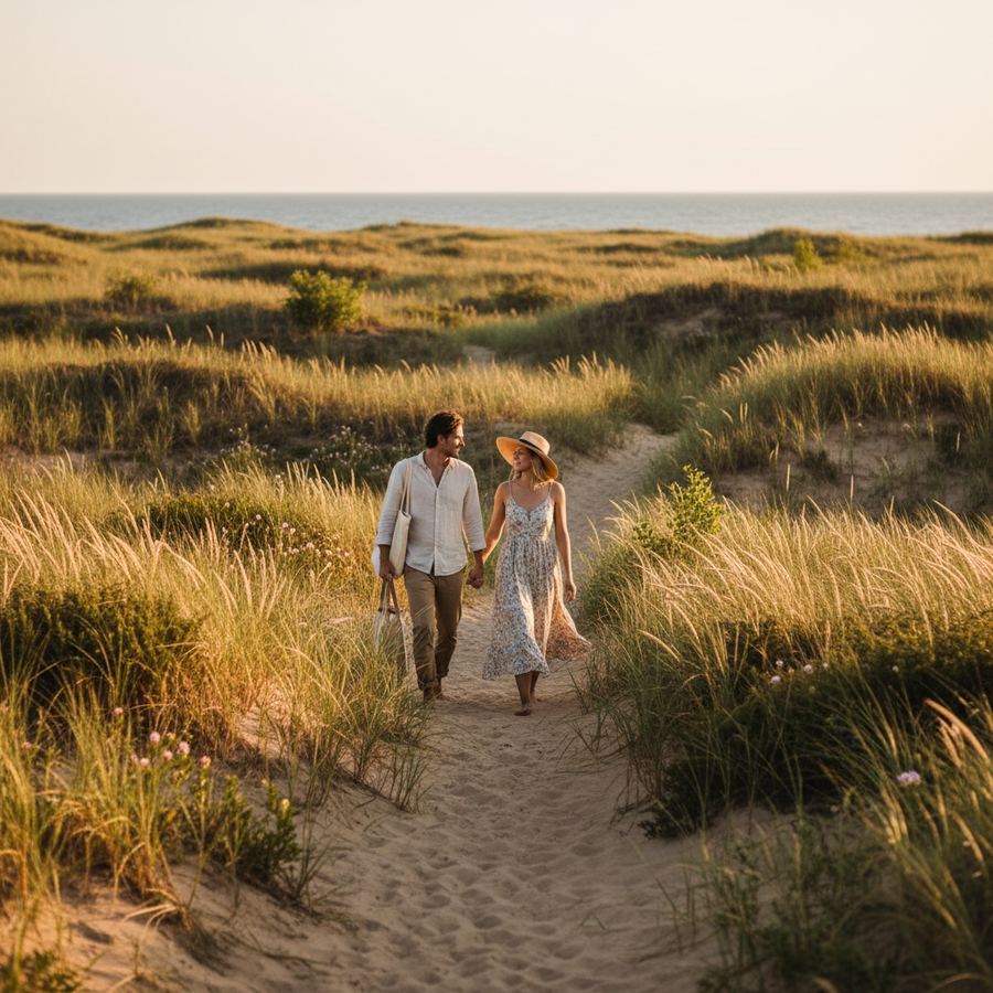 Close-up view of sand dunes and sparse vegetation at Sandbanks Provincial Park