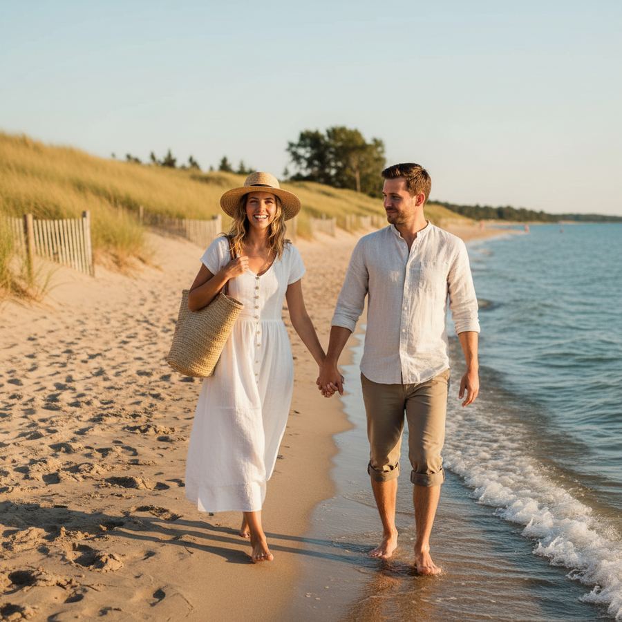 Families relaxing on the wide sandy shoreline at Outlet Beach in Sandbanks Provincial Park