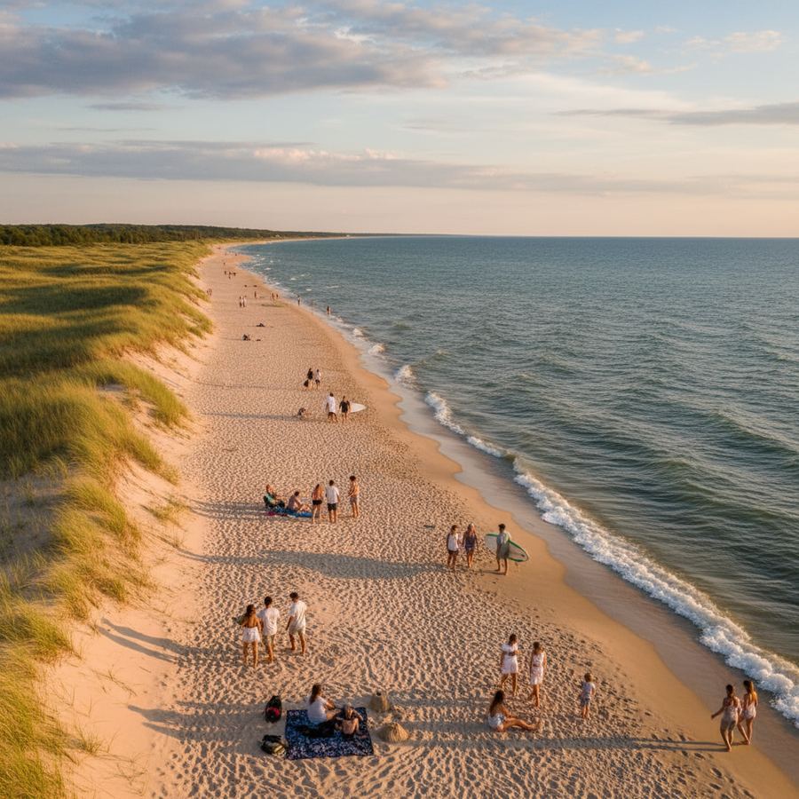 Panoramic view of the sandy shoreline and turquoise water at Sandbanks Provincial Park