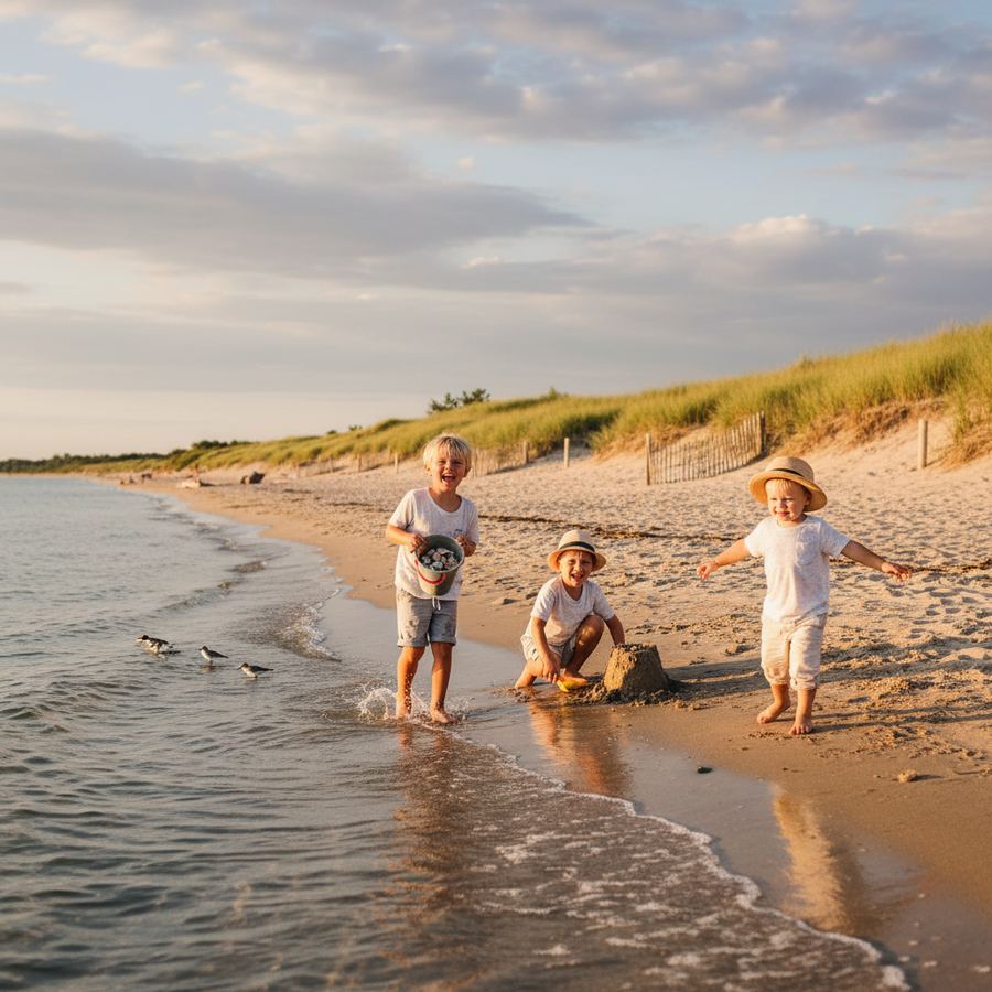 Children playing on a sandy beach near West Lake in PEC