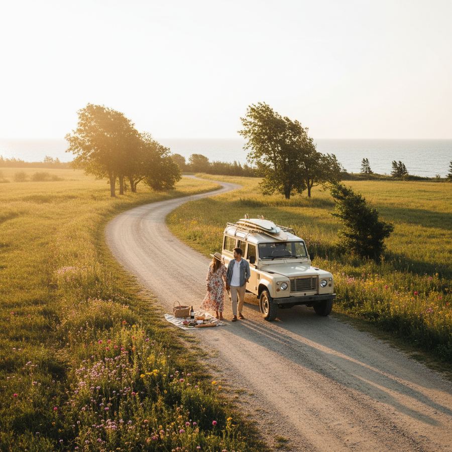 A quiet county road winding through farmland near the south shore of Prince Edward County