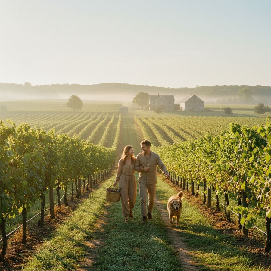 Rows of grapevines in the morning light in Prince Edward County wine country