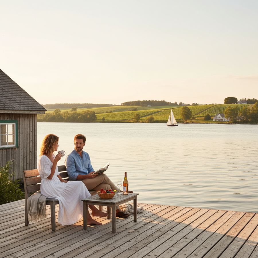 A waterfront property on the south shore of Prince Edward County with Lake Ontario in the background