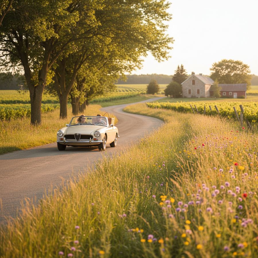 A quiet County road winding past vineyards on a sunny afternoon in Prince Edward County