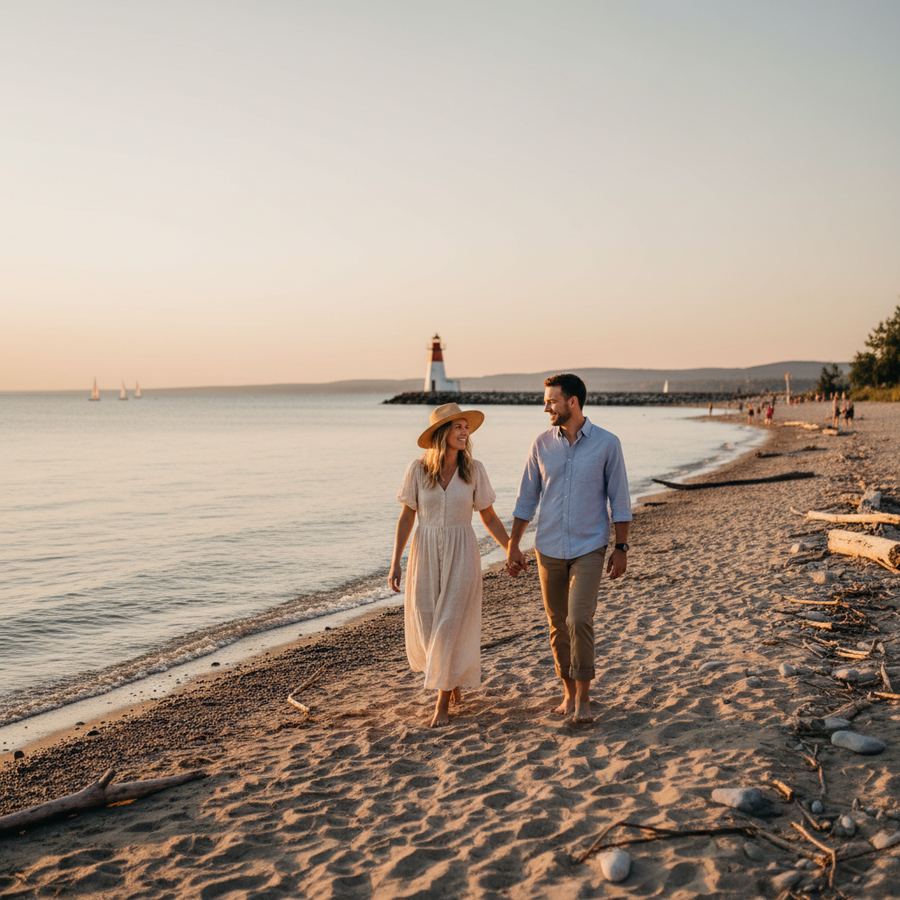 Sandy beach and calm water at Wellington Beach in Prince Edward County