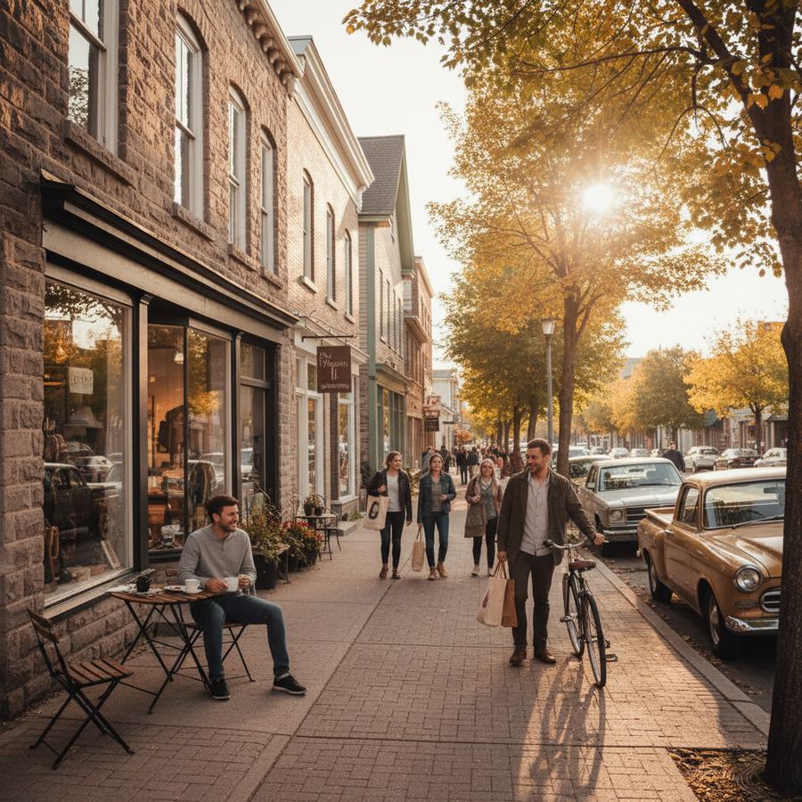 Main street of Wellington, Prince Edward County, with heritage buildings and a view toward the lake