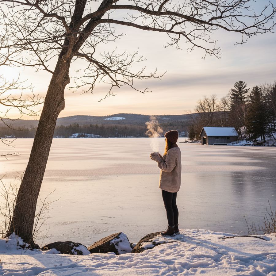 Lake Ontario shoreline near Wellington in winter with snow and grey sky