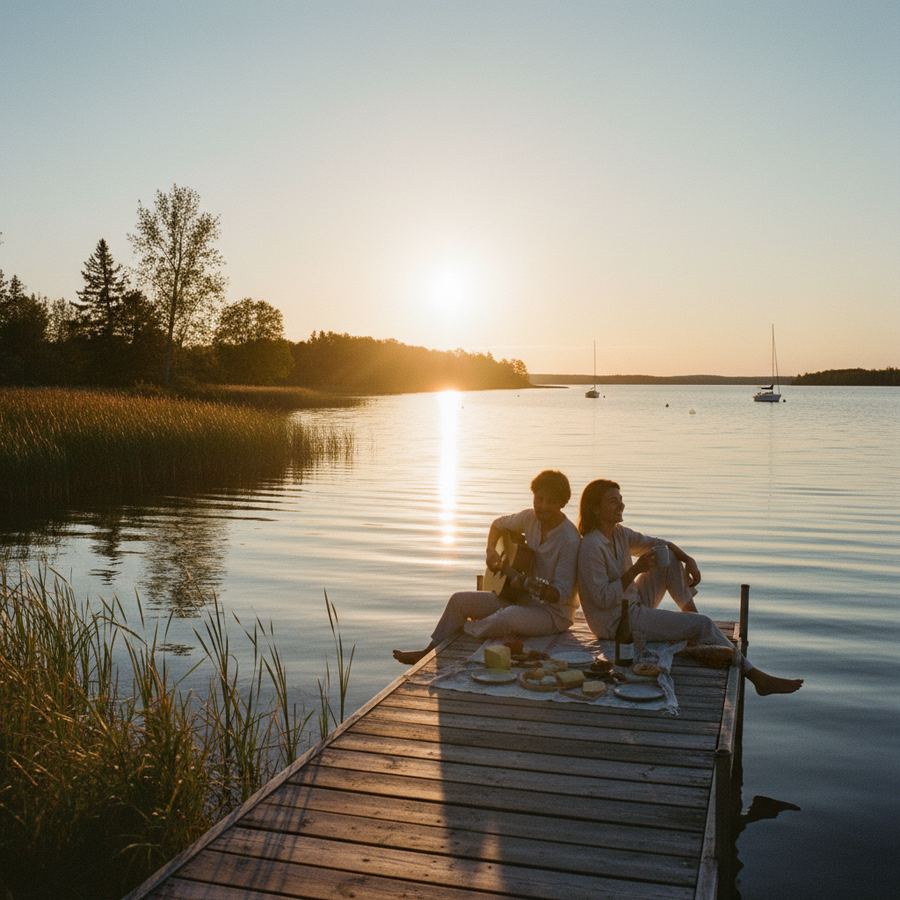 Sunset reflecting over the calm waters of West Lake near Sandbanks
