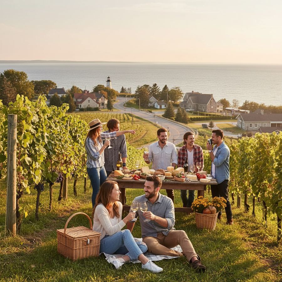Golden hour light over a vineyard near Hillier in Prince Edward County