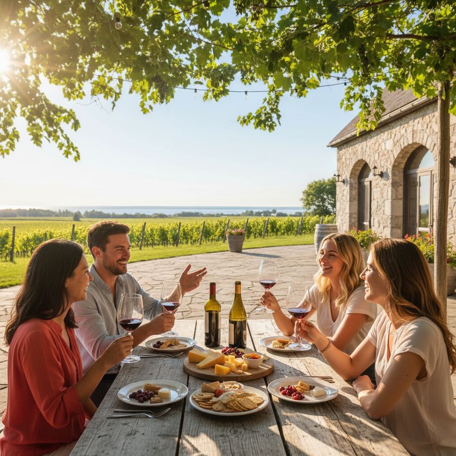 Visitors enjoying a wine tasting on a sunny patio overlooking vineyards in Prince Edward County