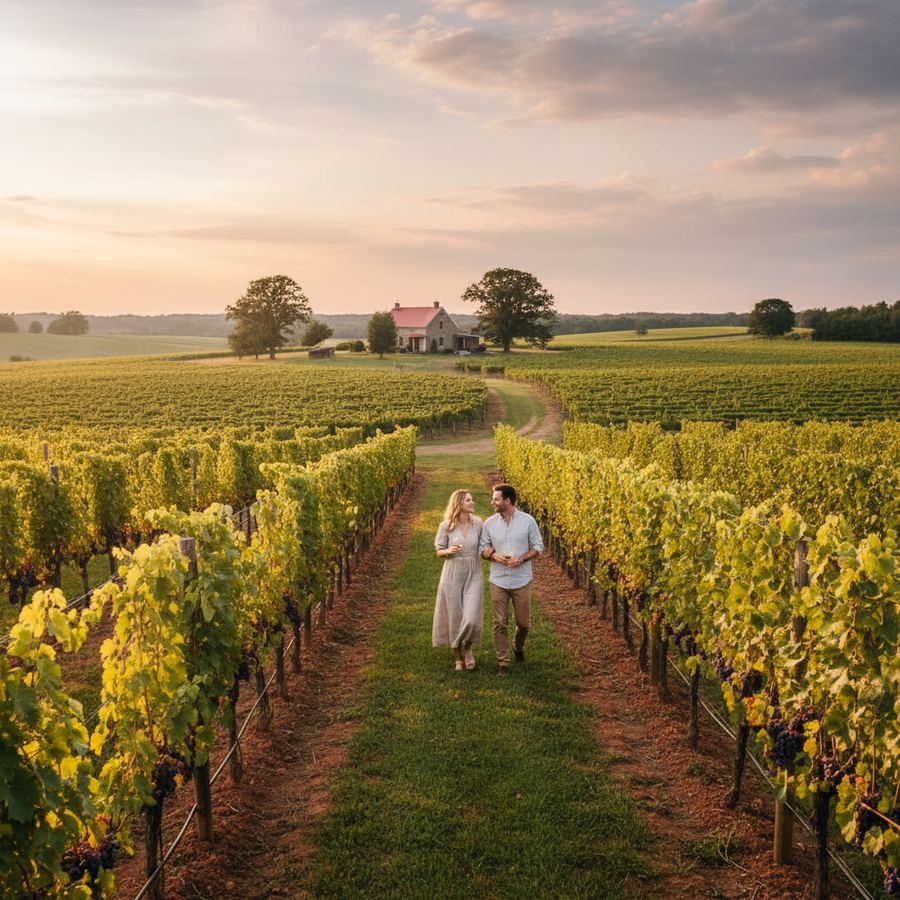 Rows of grapevines stretching toward the horizon along the County Road Wine Trail in Prince Edward County